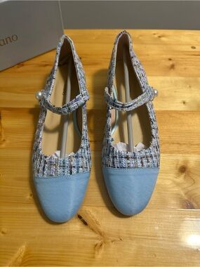 Light Blue Tweed Mary Jane Flats with Pearl Accent
